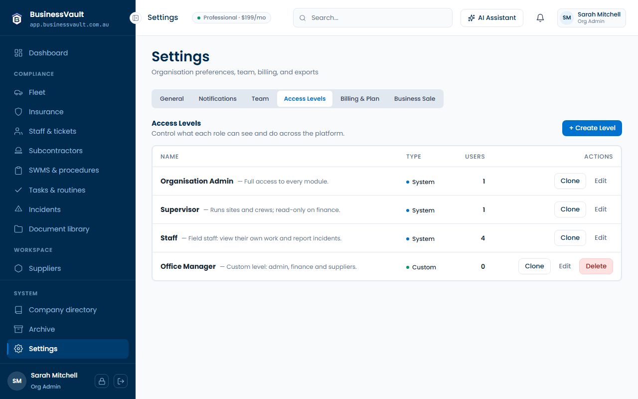 Settings → Access Levels