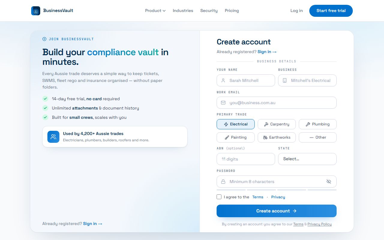 The registration page